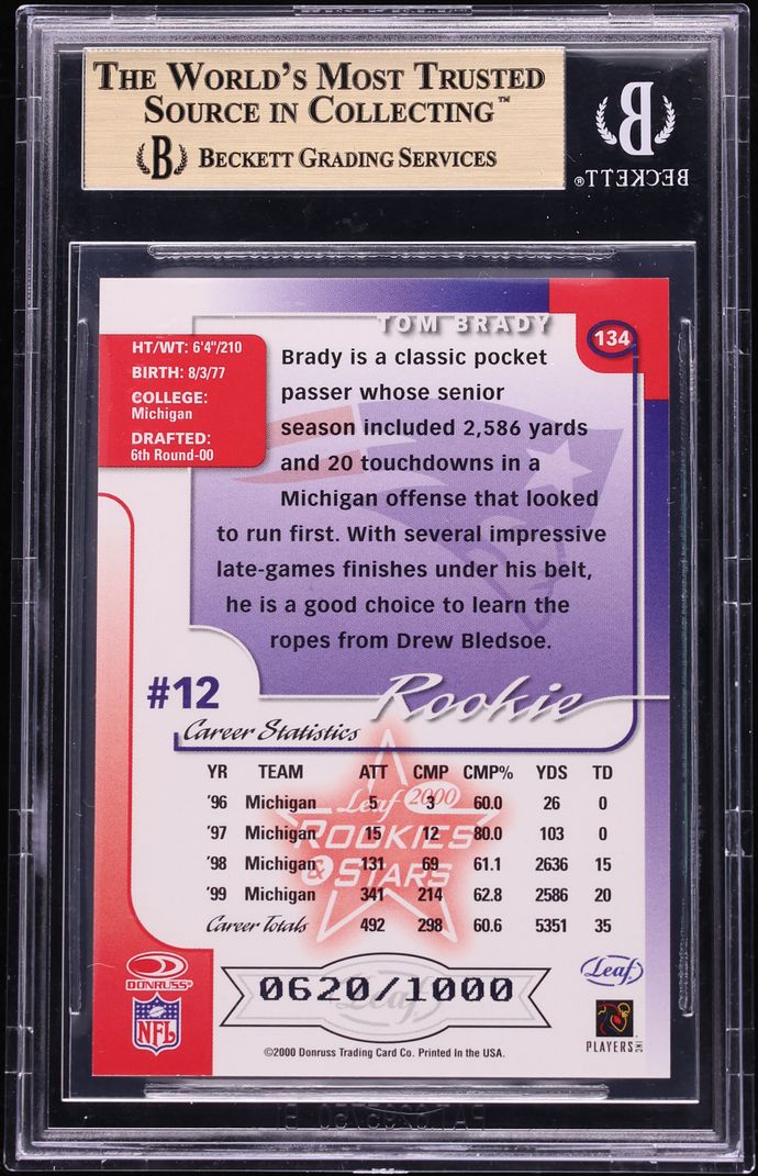 2000 Leaf Rookies & Stars Tom Brady ROOKIE /1000 #134 BGS 9.5 GEM MINT