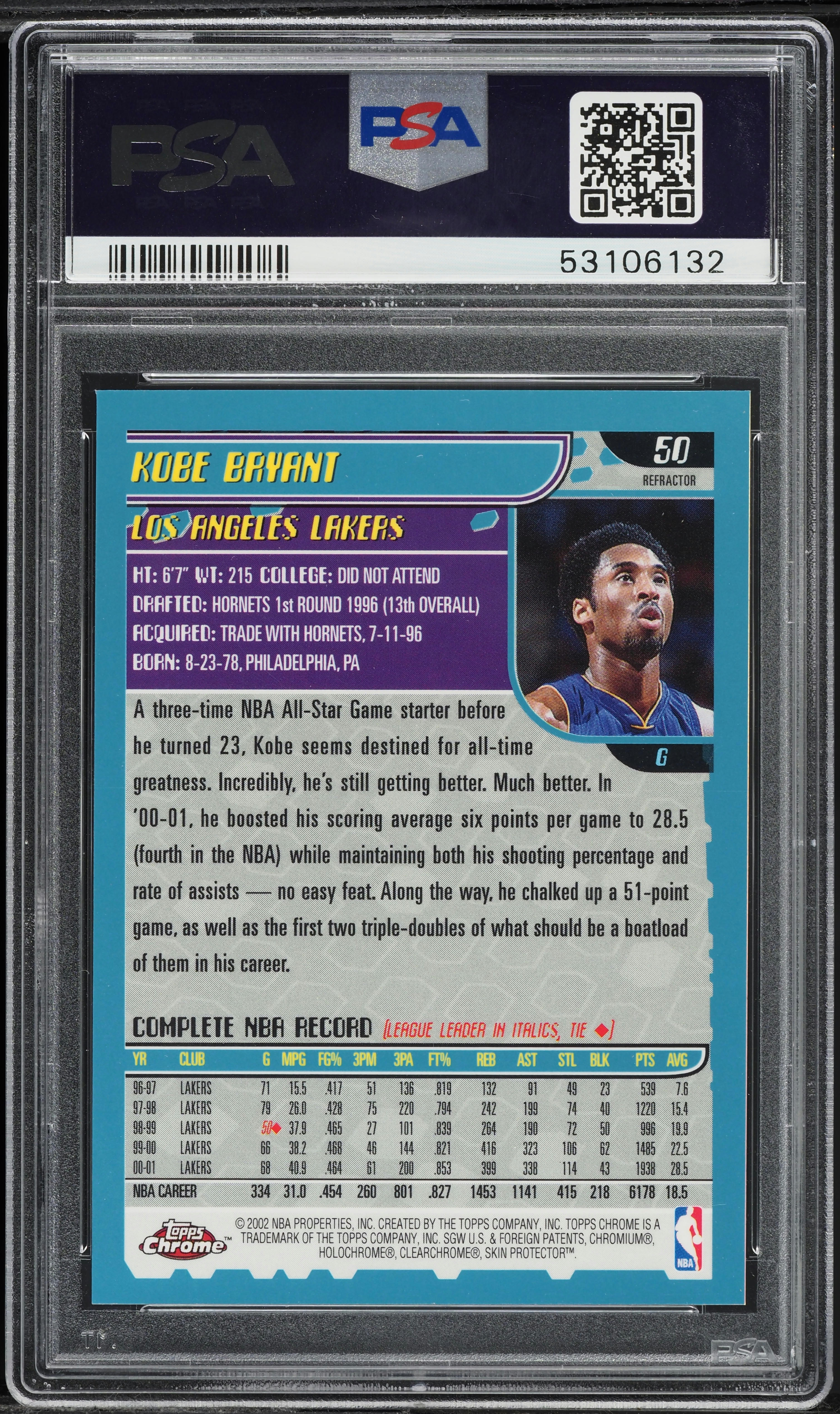 2001 Topps Chrome Refractor Kobe Bryant #50 PSA 9 MINT on