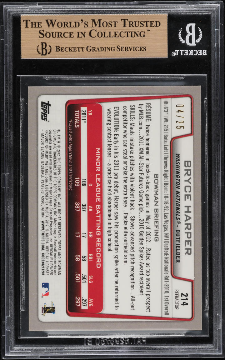 2012 Bowman Chrome Orange Refractor Bryce Harper ROOKIE /25 #214 BGS 9.5 GEM MINT - Photo 2