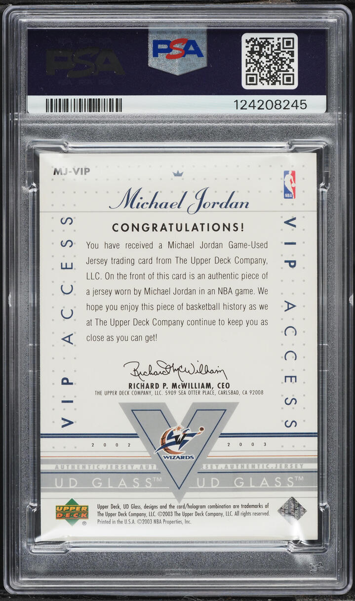 2002 Upper Deck Glass VIP Access Jersey Michael Jordan PATCH #MJ-VIP PSA 10 GEM MINT
