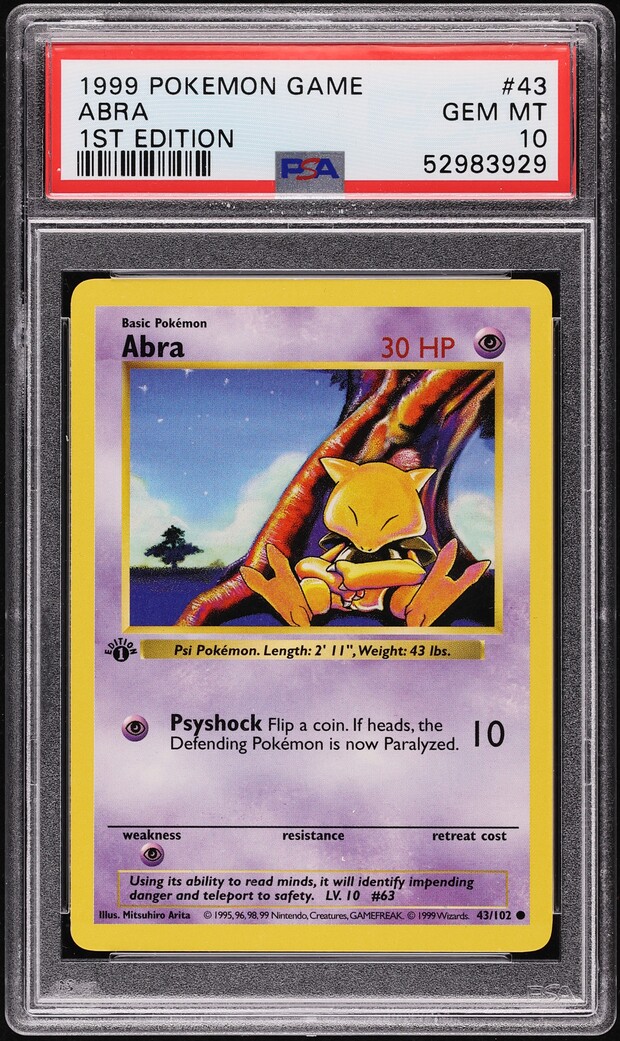 1999 Pokemon Base Set Shadowless 1st Edition Abra #43 PSA 10 GEM MINT
