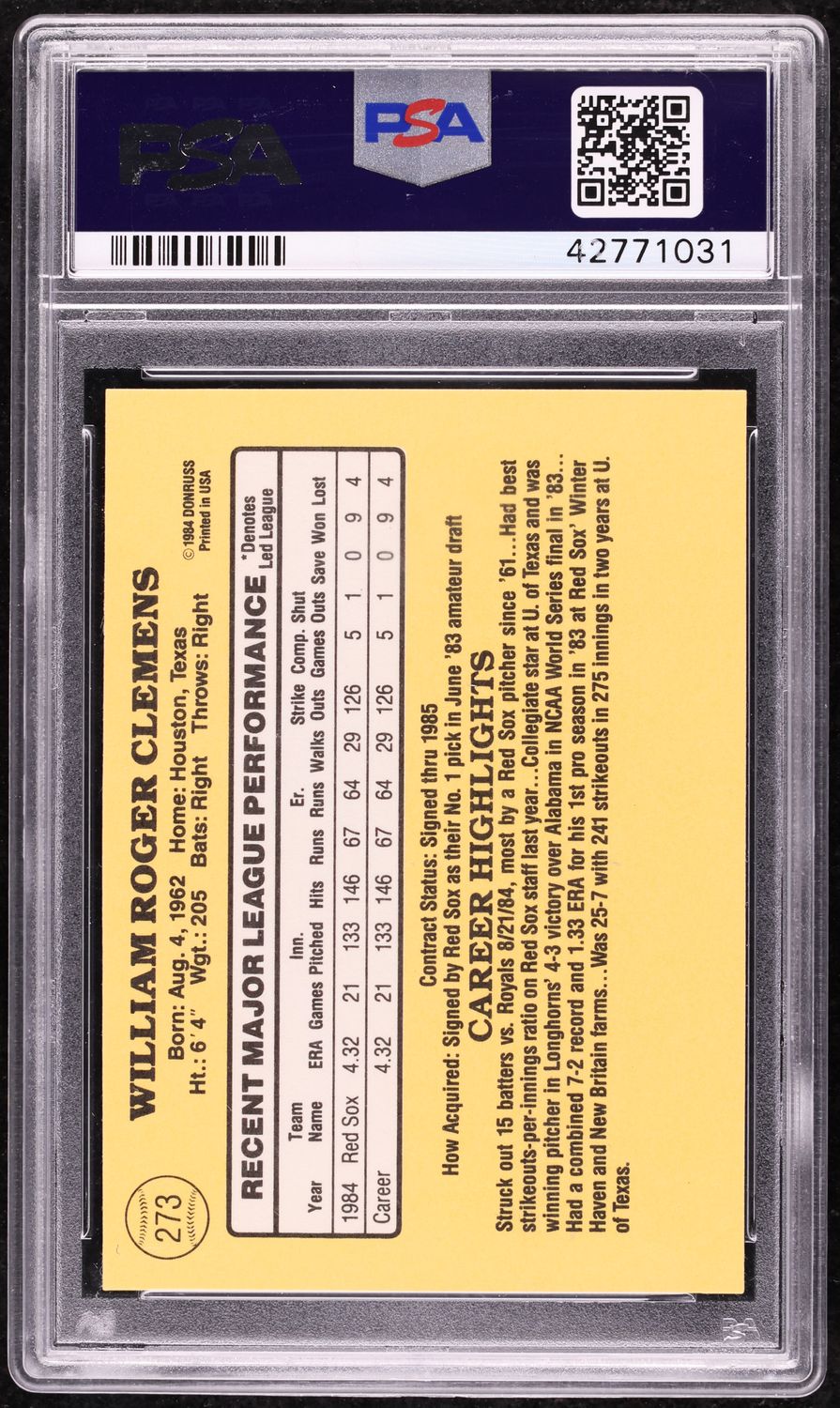 1985 Donruss Roger Clemens ROOKIE #273 PSA 10 GEM MINT