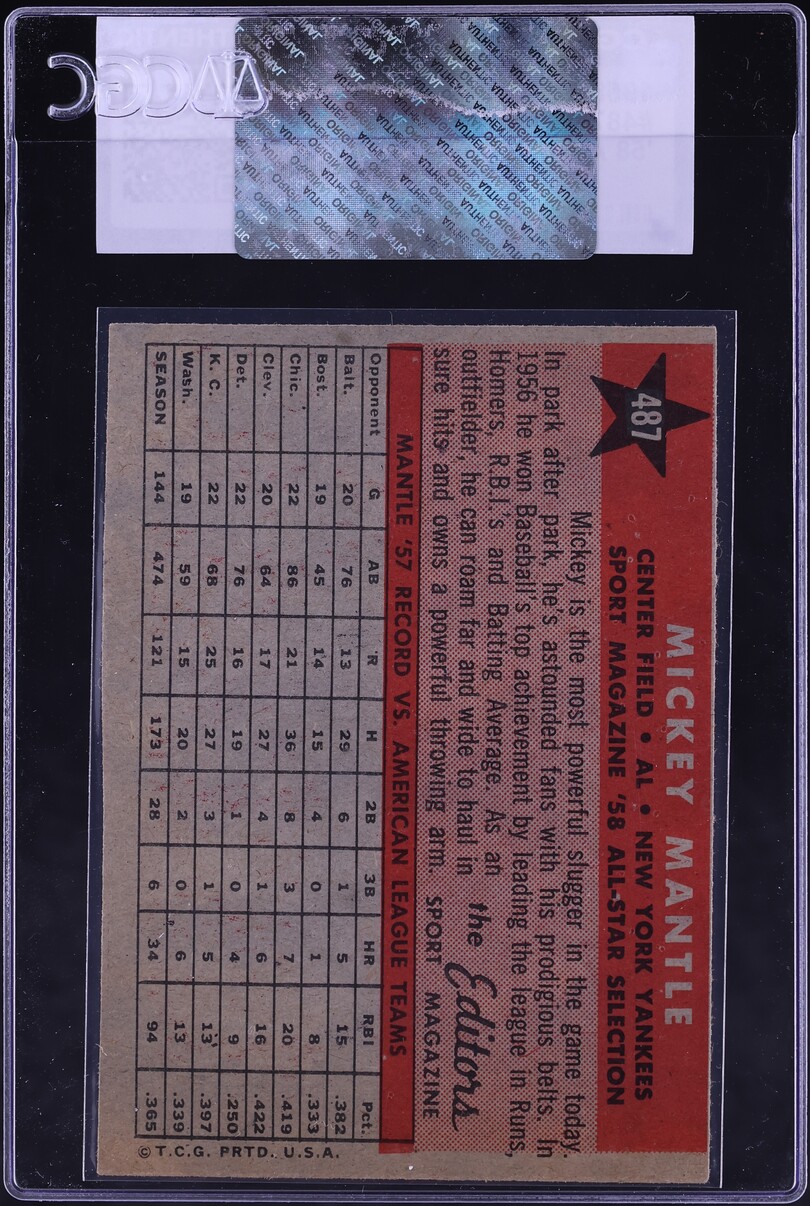 1958 Topps All Star Mickey Mantle #487 CGC AUTH