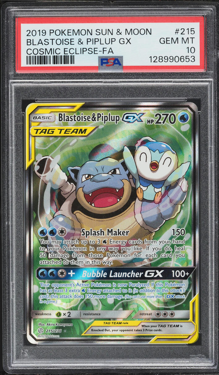 2019 Pokemon Sun & Moon Cosmic Eclipse Full Art Blastoise & Piplup GX #215 PSA 10 GEM MINT