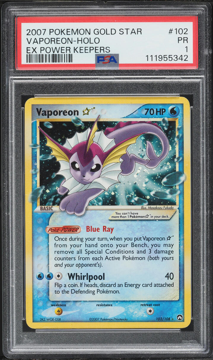 2007 Pokemon EX Power Keepers Holo Vaporeon Gold Star #102 PSA 1 PR