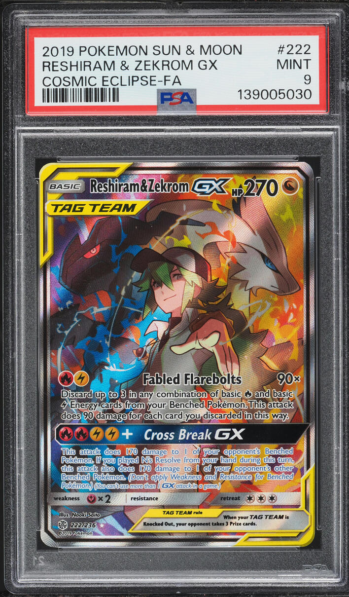 2019 Pokemon Sun & Moon Cosmic Eclipse Full Art Reshiram & Zekrom GX #222 PSA 9 MINT