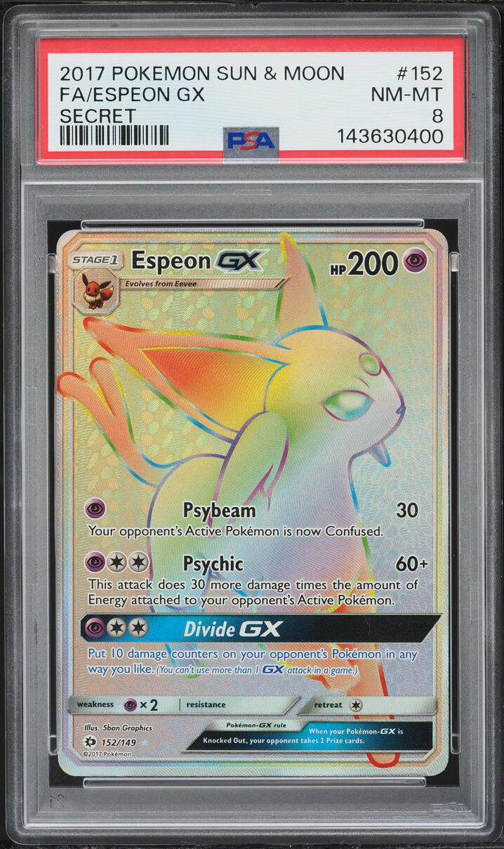 2017 Pokemon Sun & Moon Rainbow Rare Espeon GX #152 PSA 8 NM-MT