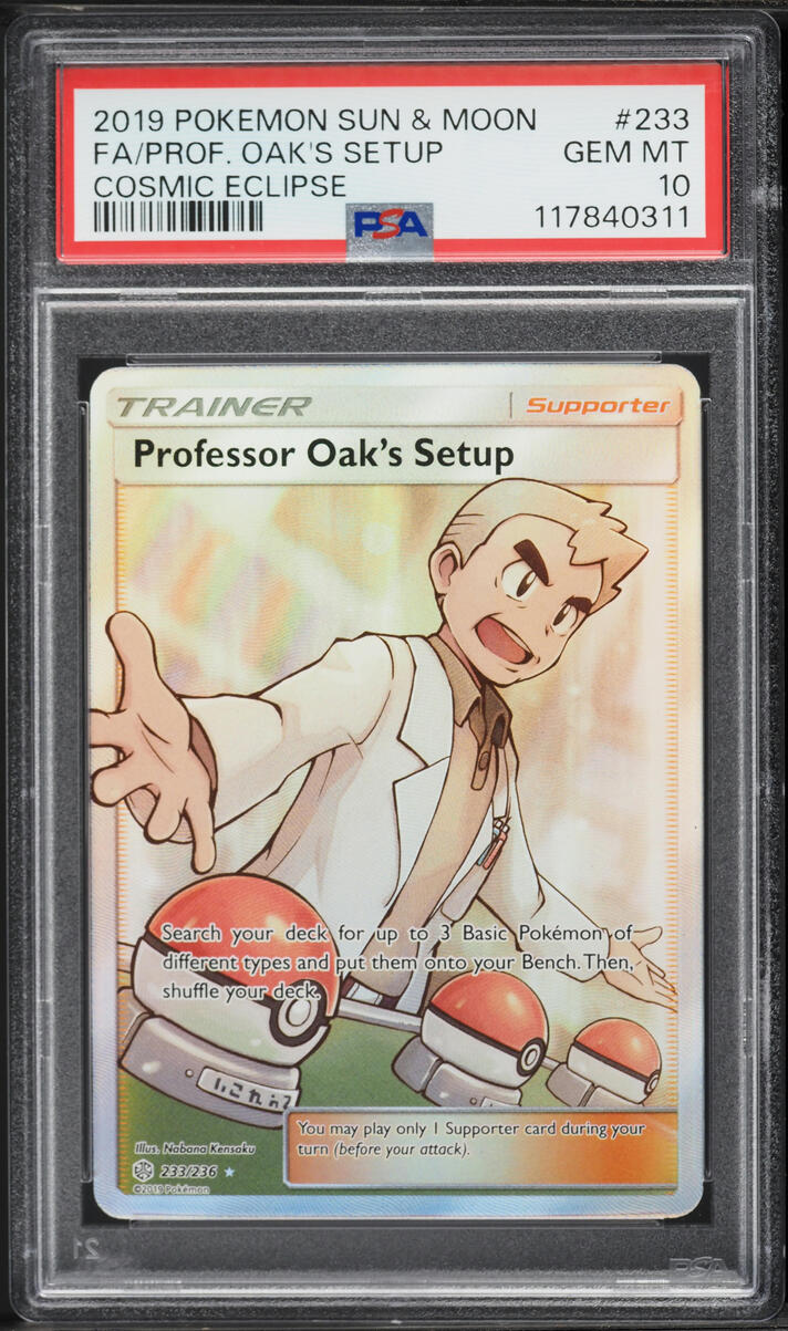 2019 Pokemon Sun & Moon Cosmic Eclipse Full Art Professor Oak's Setup #233 PSA 10 GEM MINT