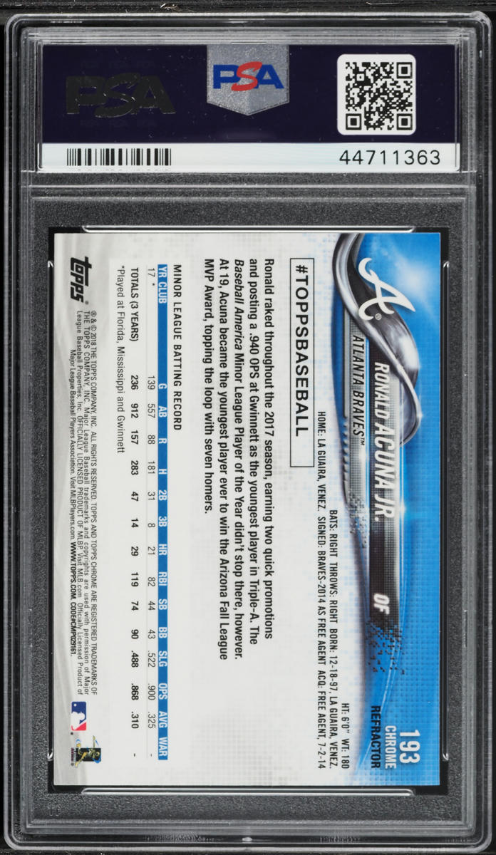 2018 Topps Chrome Pink Refractor Ronald Acuna Jr. ROOKIE #193 PSA 10 GEM MINT