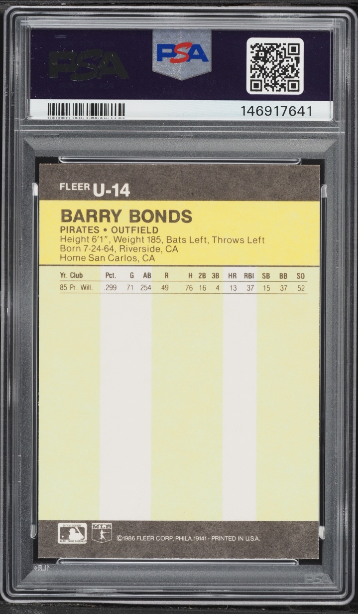 1986 Fleer Update Barry Bonds ROOKIE #U-14 PSA 8 NM-MT