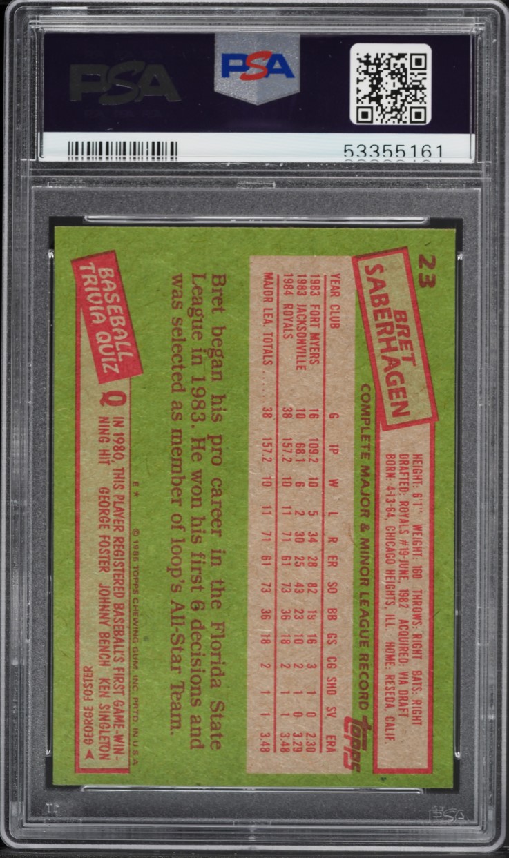1985 Topps Bret Saberhagen ROOKIE AUTO DNA 10 #23 PSA AUTH