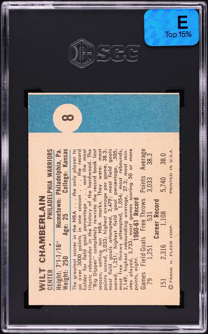 1961 Fleer Basketball Wilt Chamberlain ROOKIE #8 MBA SGC 8 NM-MT