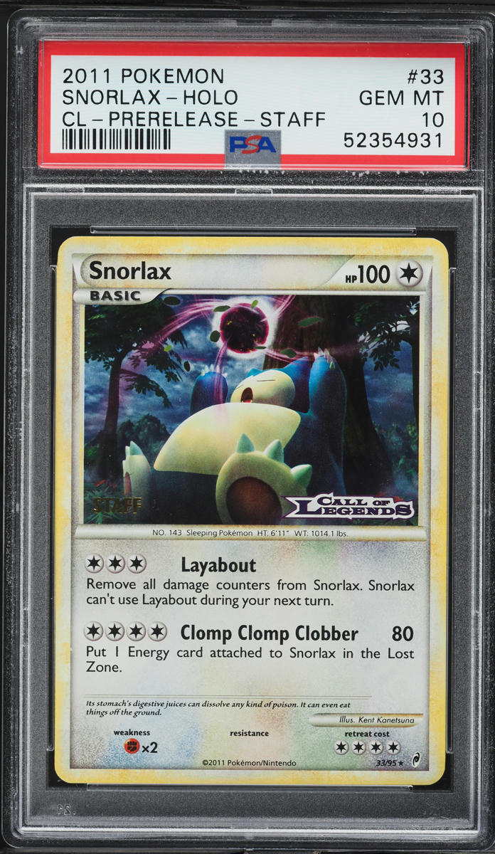 2011 Pokemon Call Of Legends Prerelease Staff Holo Snorlax #33 PSA 10 GEM MINT