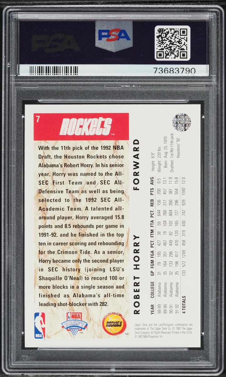 1992 Upper Deck Basketball Robert Horry ROOKIE #7 PSA 9 MINT