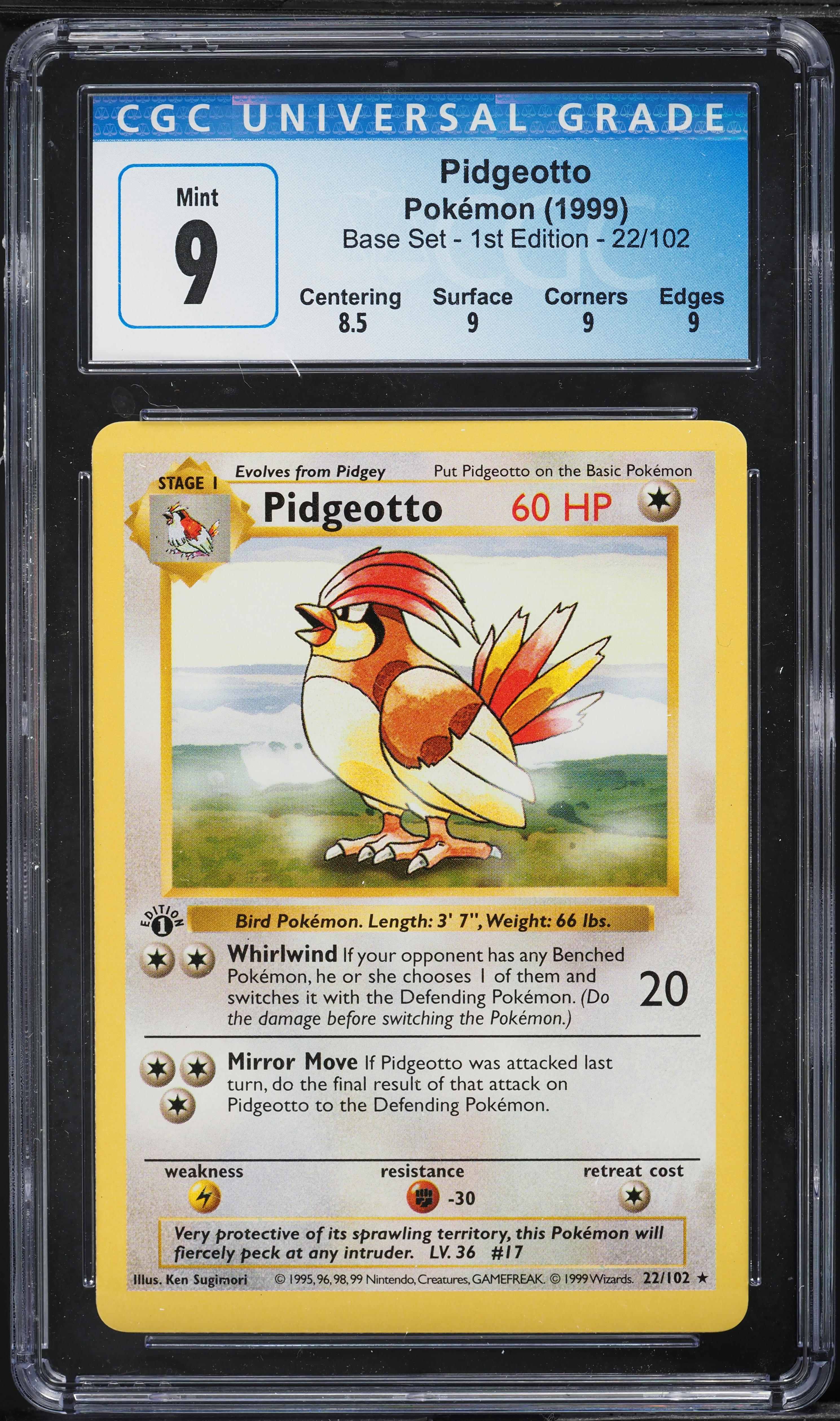 1999 Pokemon Base Set Shadowless 1st Edition Pidgeotto #22 CGC 9 MINT