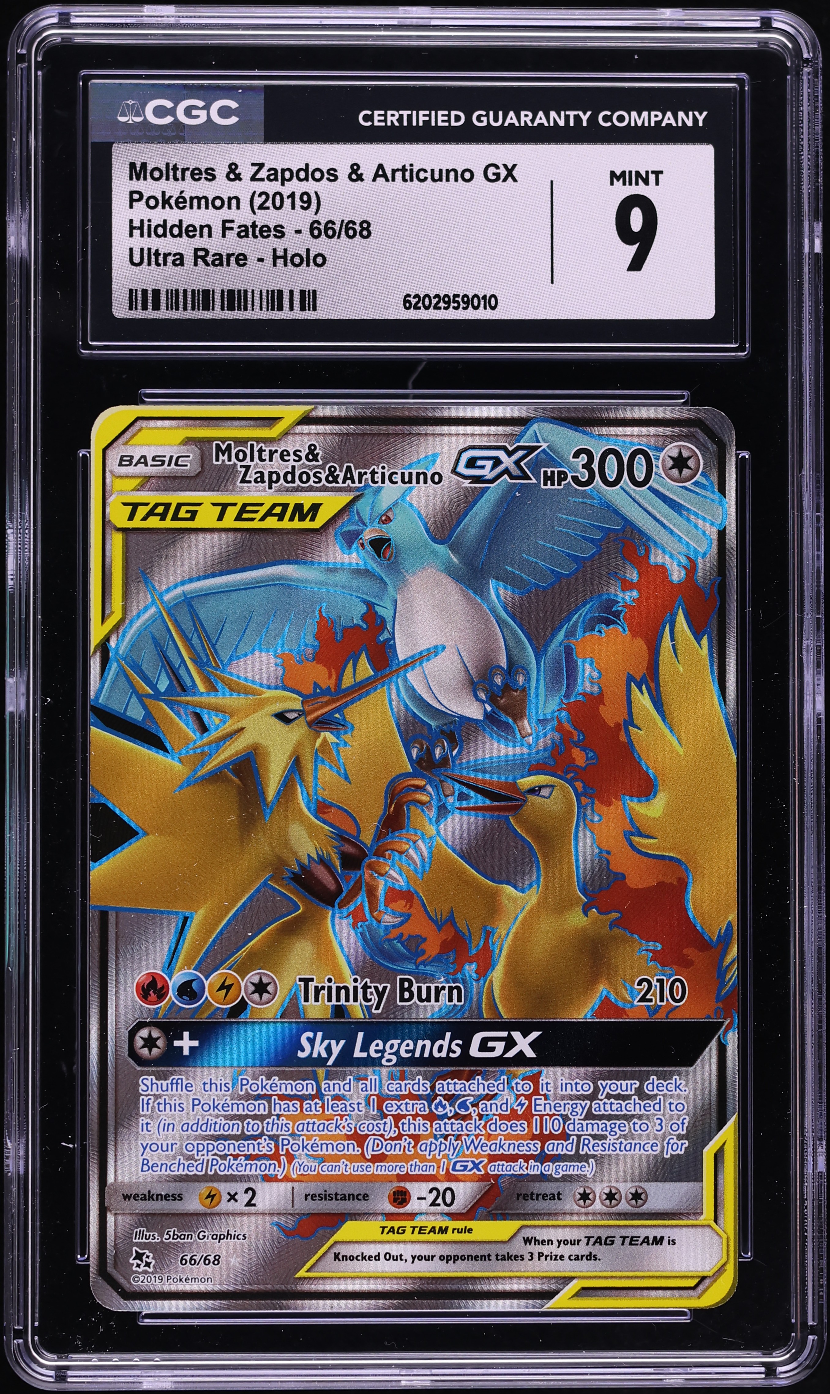 2019 Pokemon Sun & Moon Hidden Fates Full Art Moltres Zapdos Articuno GX #66 CGC 9 MINT