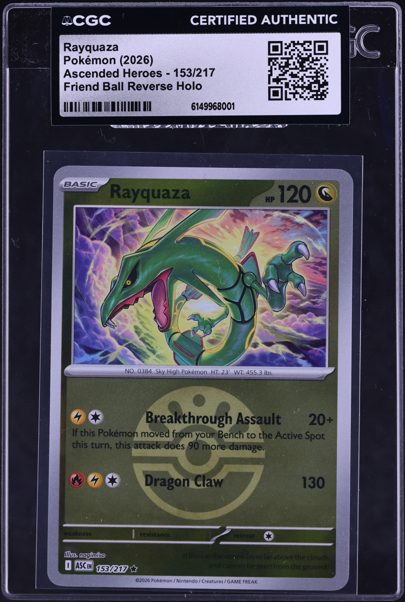 2026 Pokemon Mega Evolution Ascended Heroes Friend Ball Reverse Holo Rayquaza #153 CGC AUTH