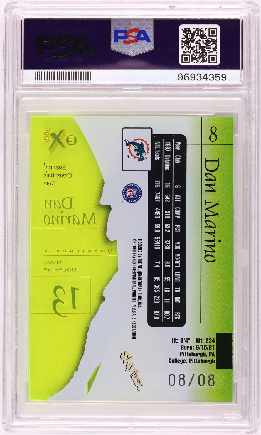 1998 Skybox E-X2001 Essential Credentials Now Dan Marino 8/8 #8 PSA 7 NRMT