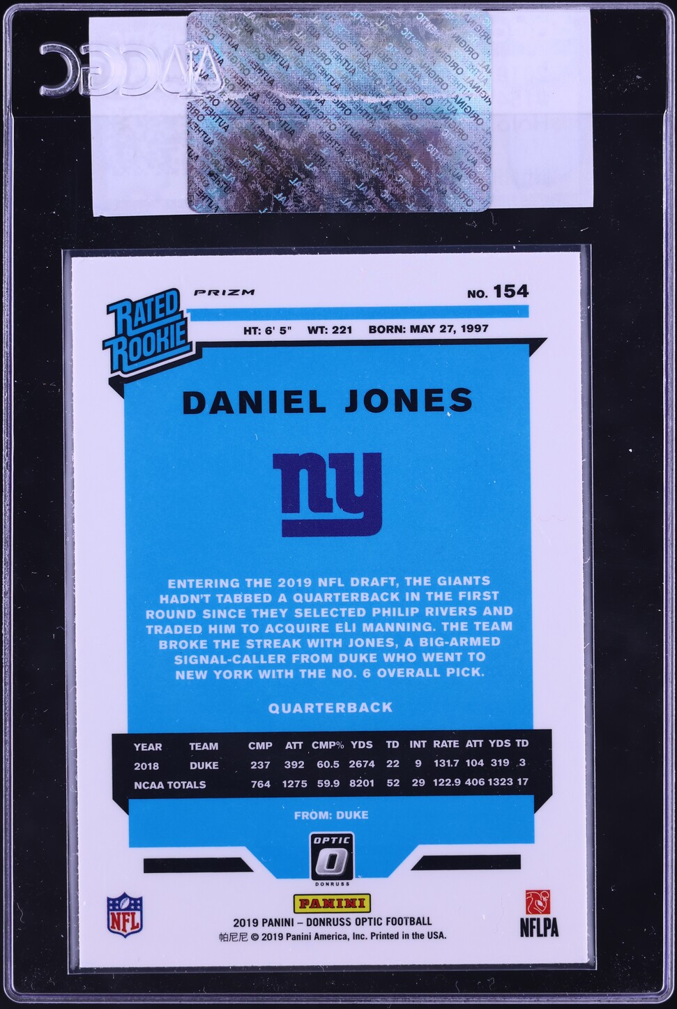 2019 Donruss Optic Holo Daniel Jones ROOKIE #154 CGC AUTH