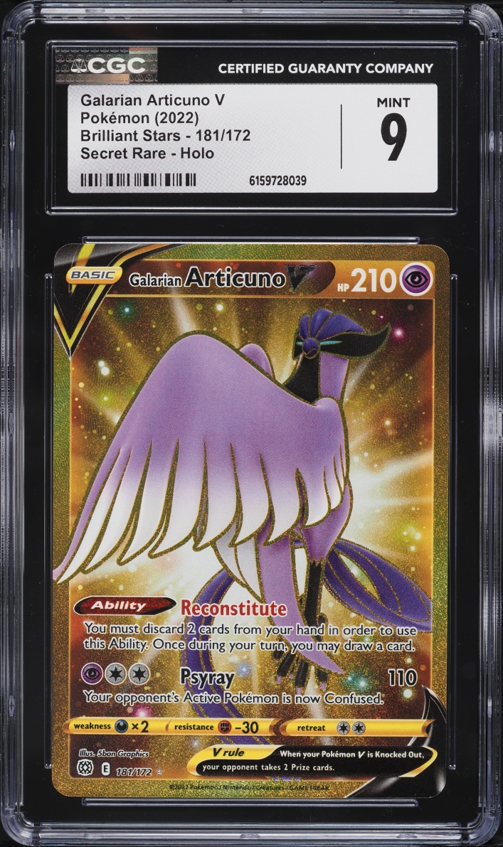 2022 Pokemon Sword & Shield Brilliant Stars Gold Rare Galarian Articuno V #181 CGC 9 MINT