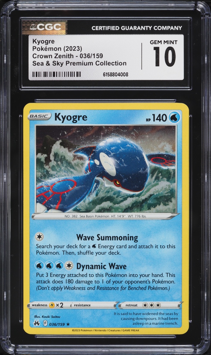 2023 Pokemon Sword & Shield Crown Zenith Sea & Sky Premium Collection Kyogre #36 CGC 10 GEM