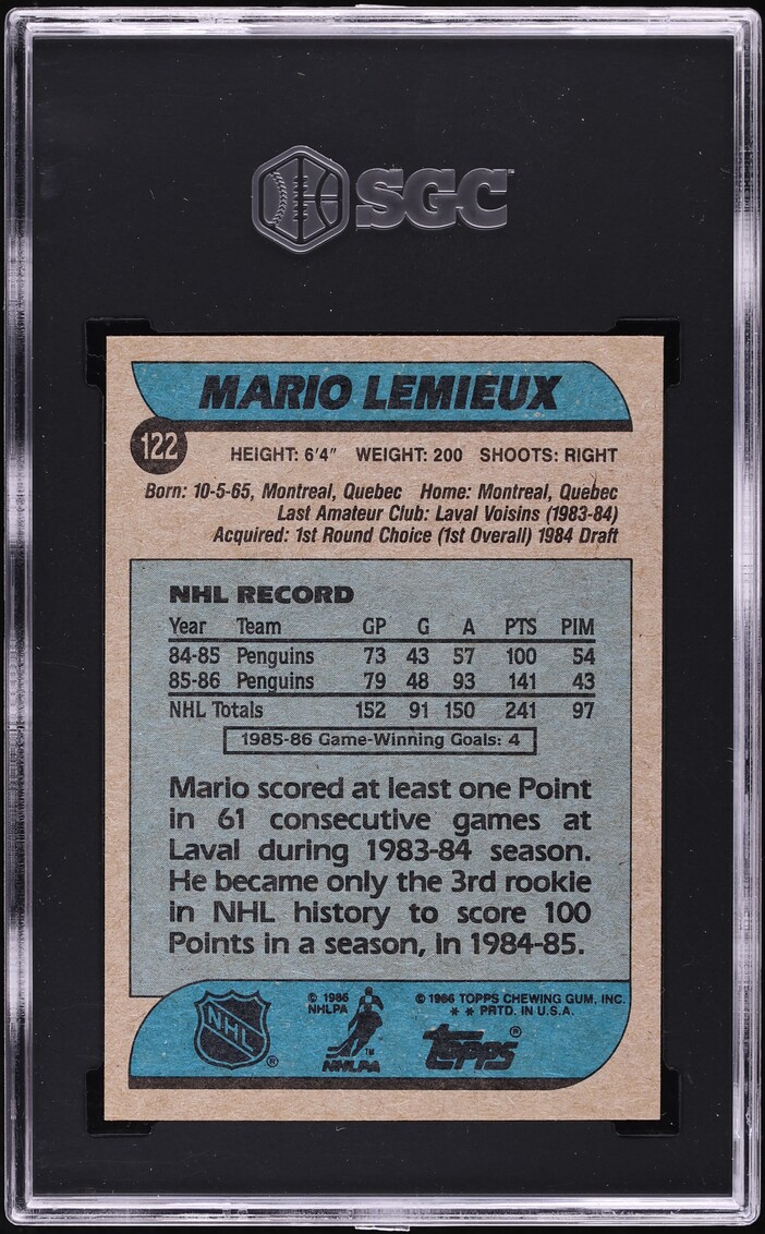1986 Topps Hockey Mario Lemieux #122 SGC 6 EXMT