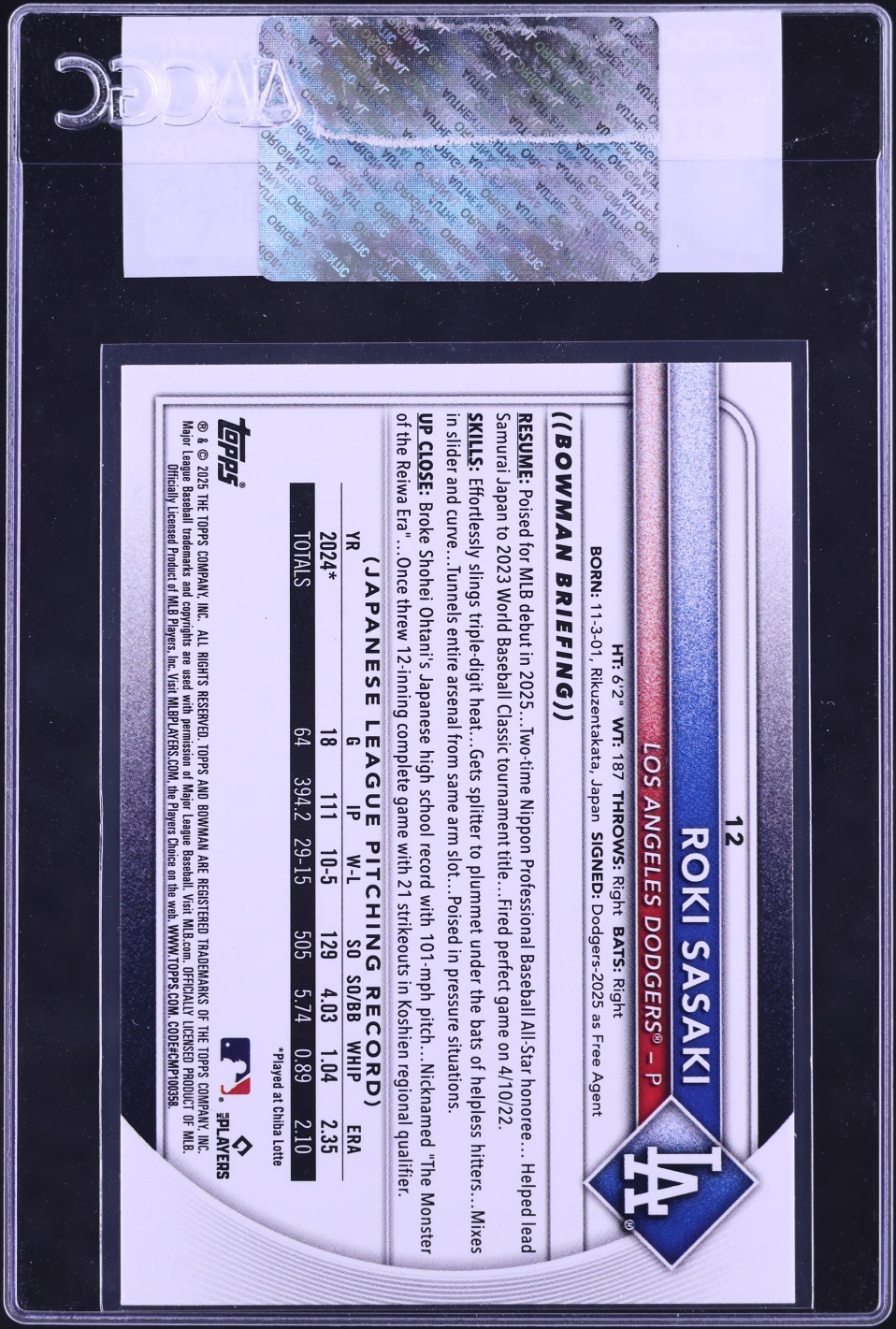 2025 Bowman Roki Sasaki ROOKIE #12 CGC AUTH