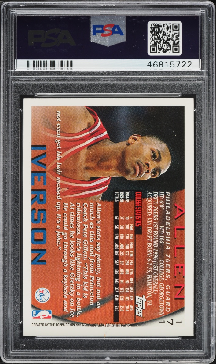 1996 Topps Basketball Allen Iverson ROOKIE #171 PSA 10 GEM MINT