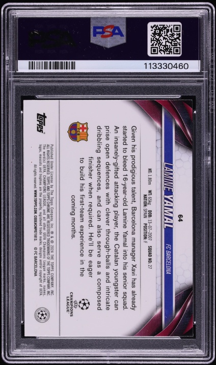 2023 Topps Chrome UEFA CC Violet Speckle Refractor Lamine Yamal ROOKIE /299 #64 PSA 10 GEM MINT