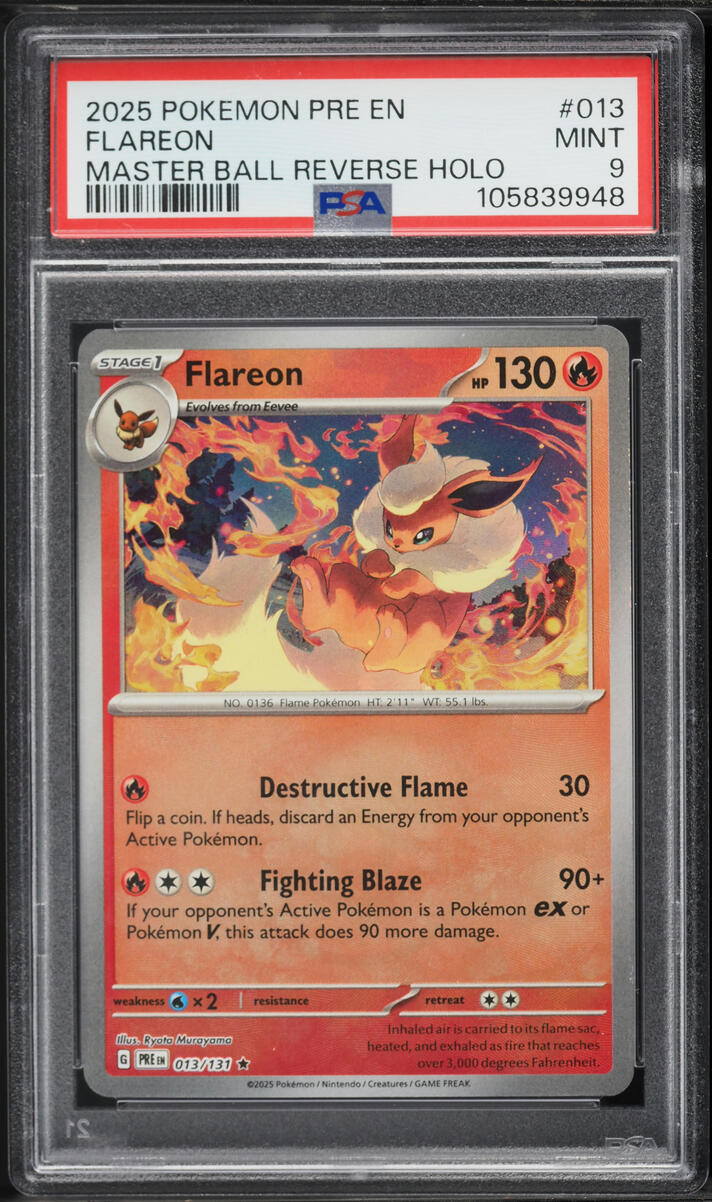 2025 Pokemon Scarlet & Violet Prismatic Evolutions Master Ball Holo Flareon #13 PSA 9 MINT