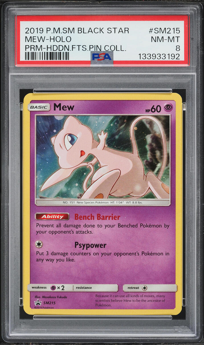 2019 Pokemon Sun & Moon Promo Hidden Fates Pin Collection Holo Mew #SM215 PSA 8 NM-MT