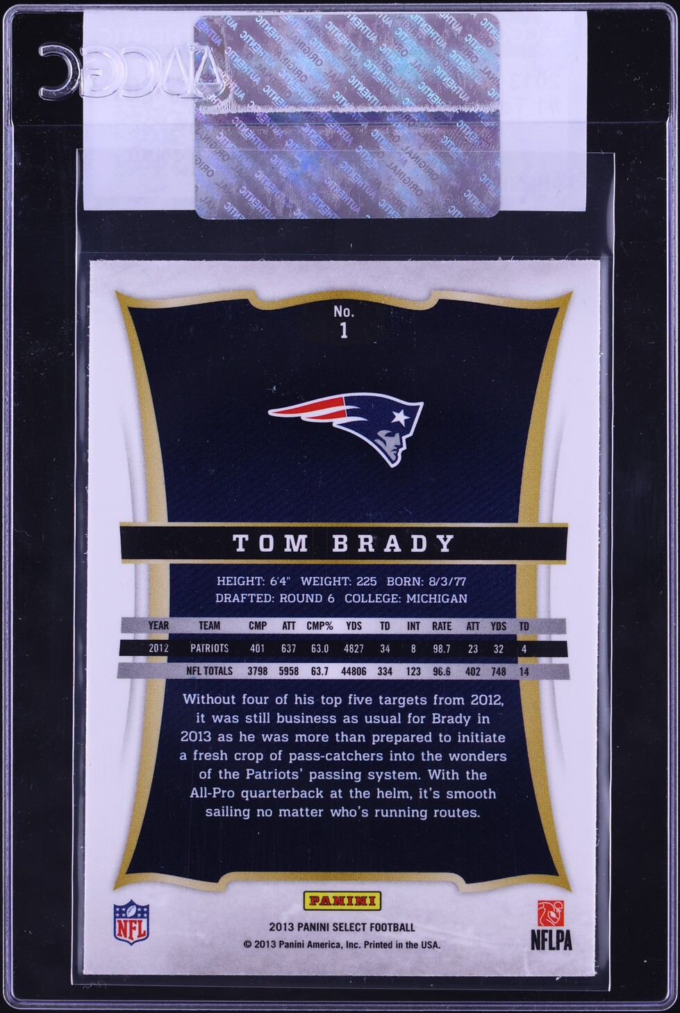 2013 Select Football Tom Brady #1 CGC AUTH