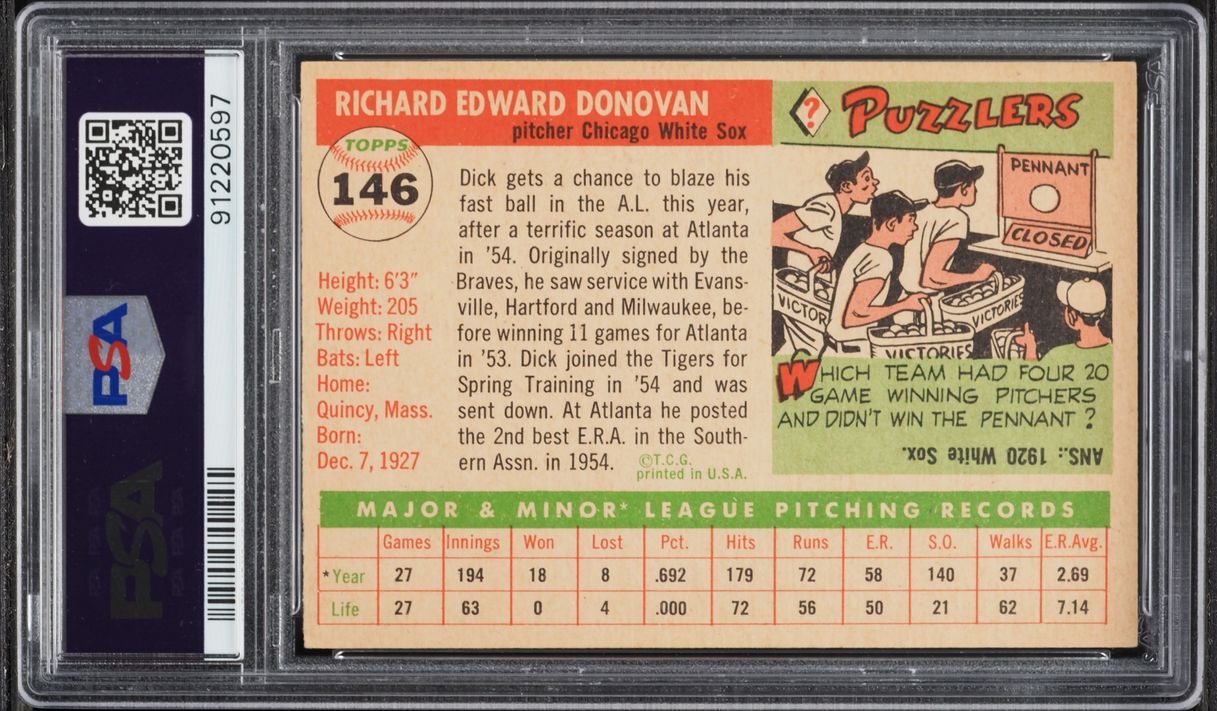 1955 Topps Dick Donovan ROOKIE #146 PSA 7 NRMT