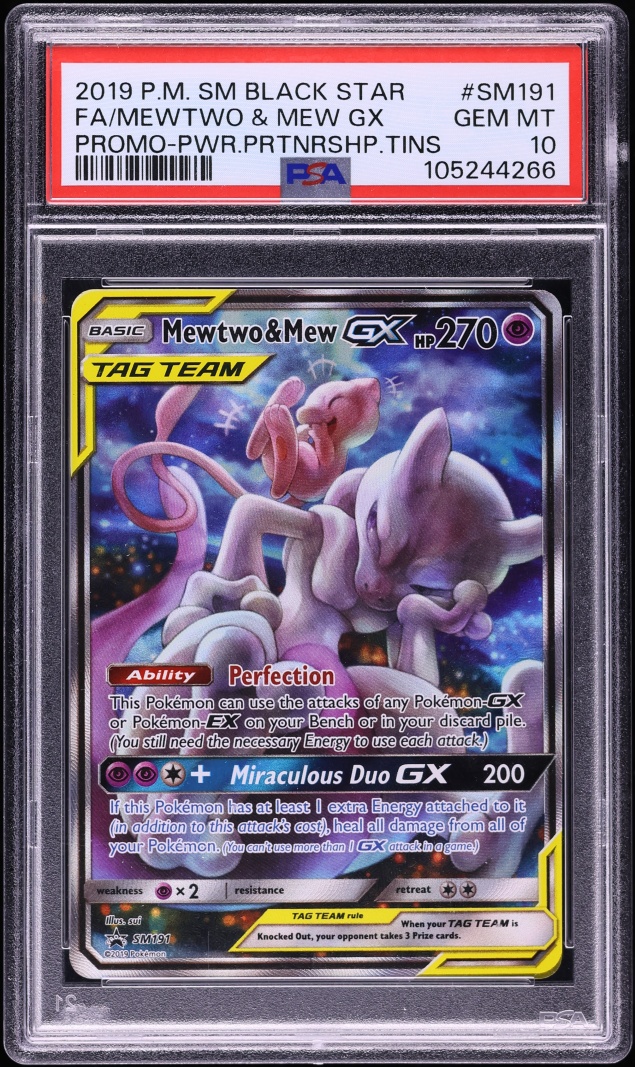 2019 Pokemon Sun & Moon Promo Power Partnership Tin Full Art Mewtwo & Mew GX #SM191 PSA 10 GEM