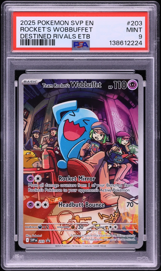 2025 Pokemon SV Promo Destined Rivals ETB Full Art Team Rocket's Wobbuffet #203 PSA 9 MINT
