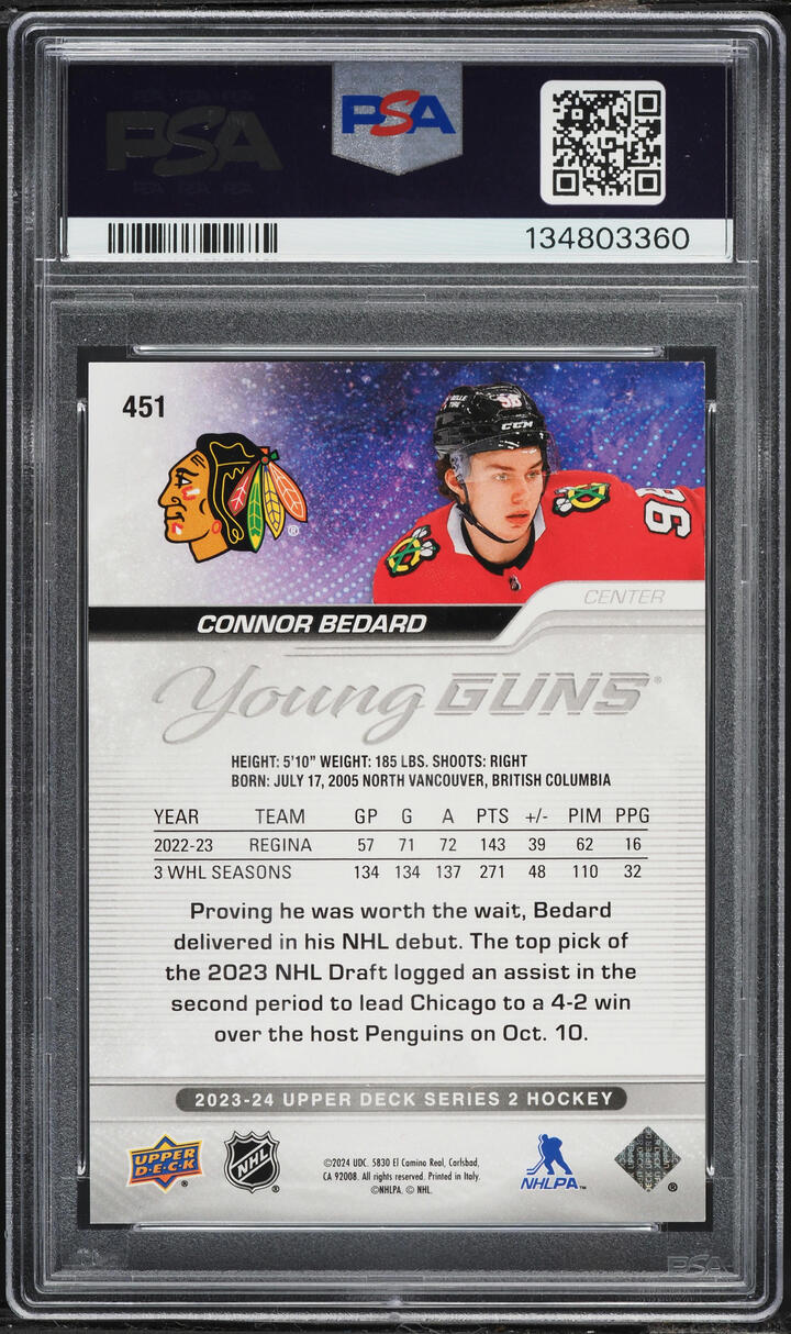 2023 Upper Deck Young Guns Outburst Connor Bedard ROOKIE #451 PSA 10 GEM MINT