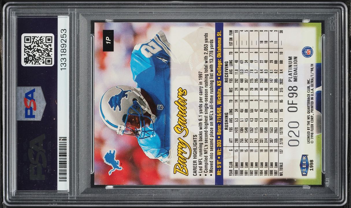 1998 Ultra Platinum Medallion Barry Sanders JSY # 20/98 #1P PSA 9 MINT