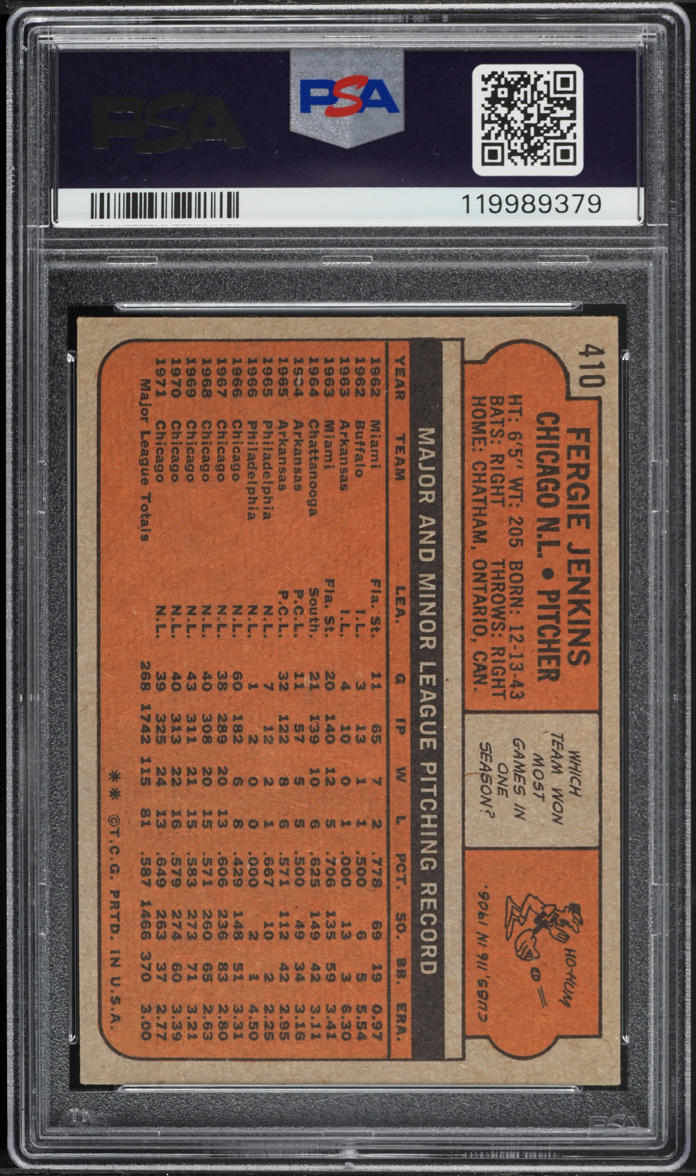 1972 Topps Fergie Jenkins #410 PSA 4 VGEX