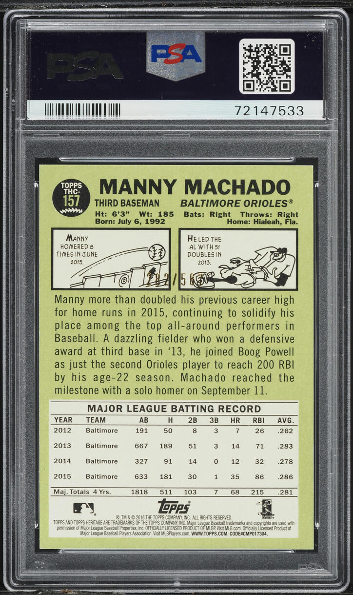 2016 Topps Heritage Chrome Portrait Refractor Manny Machado /567 #157 PSA 10 GEM