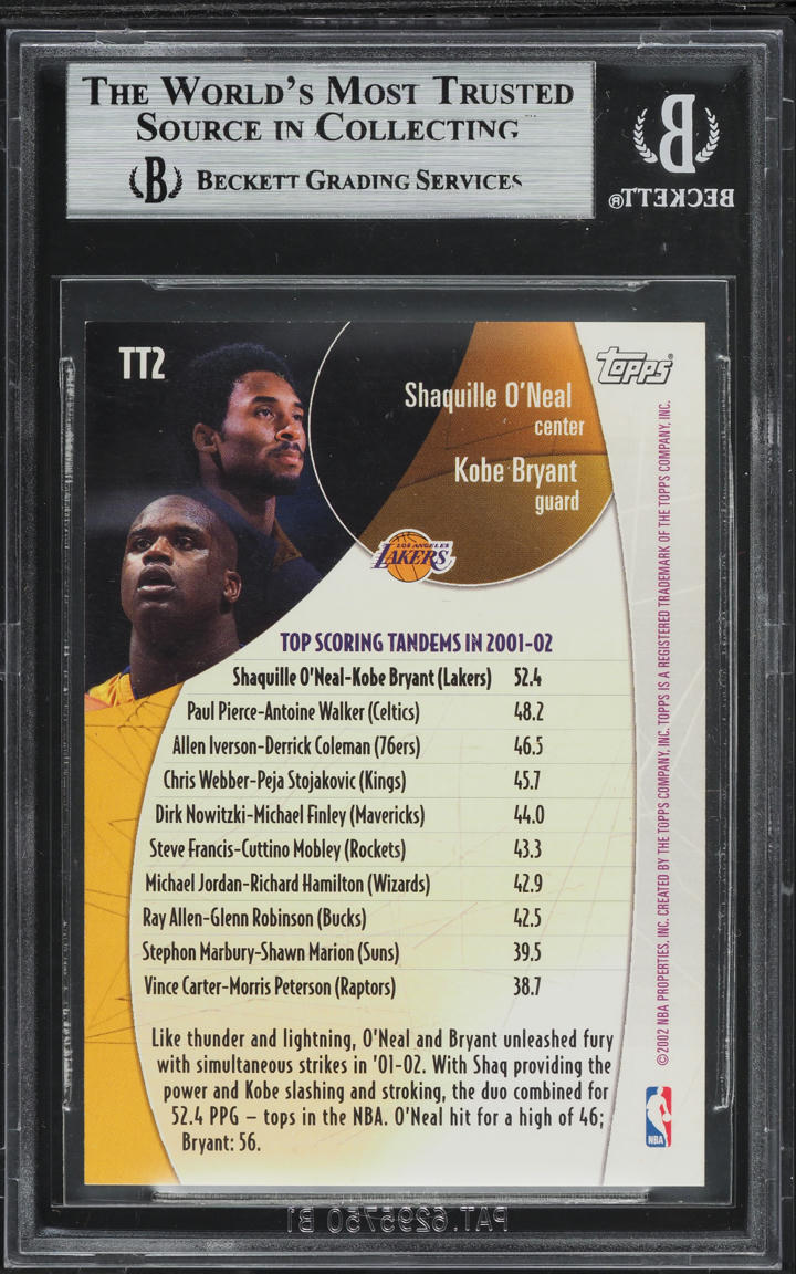 2002 Topps Top Tandems Shaquille O'Neal & Kobe Bryant #TT2 BGS 8.5 NM-MT+