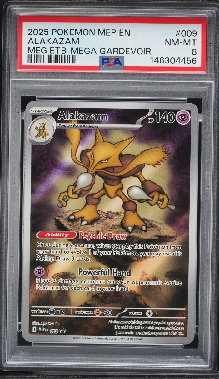 2025 Pokemon Mega Evolution Black Star Promo ETB Mega Gardevoir Full Art Alakazam #9 PSA 8