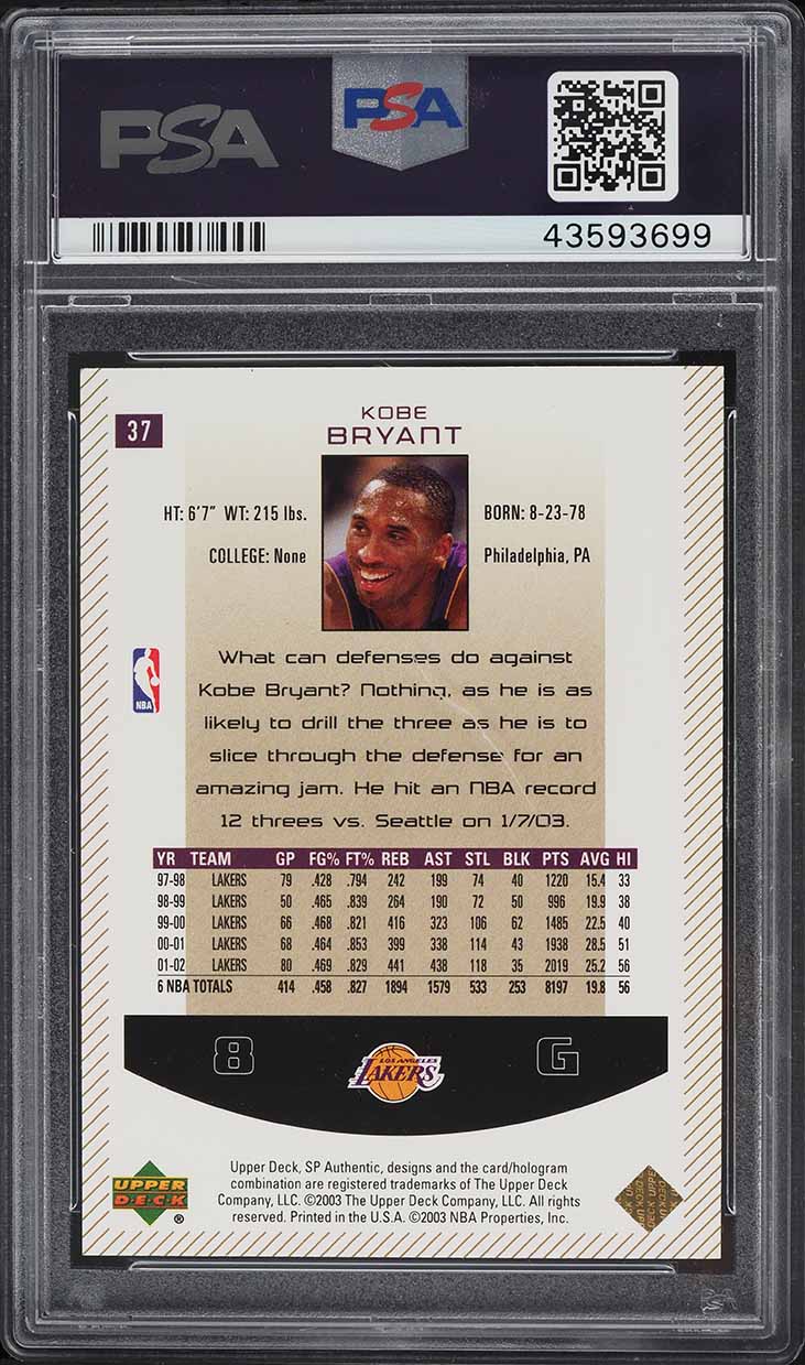 2002 SP Authentic Limited Kobe Bryant /100 #37 PSA 10 GEM MINT