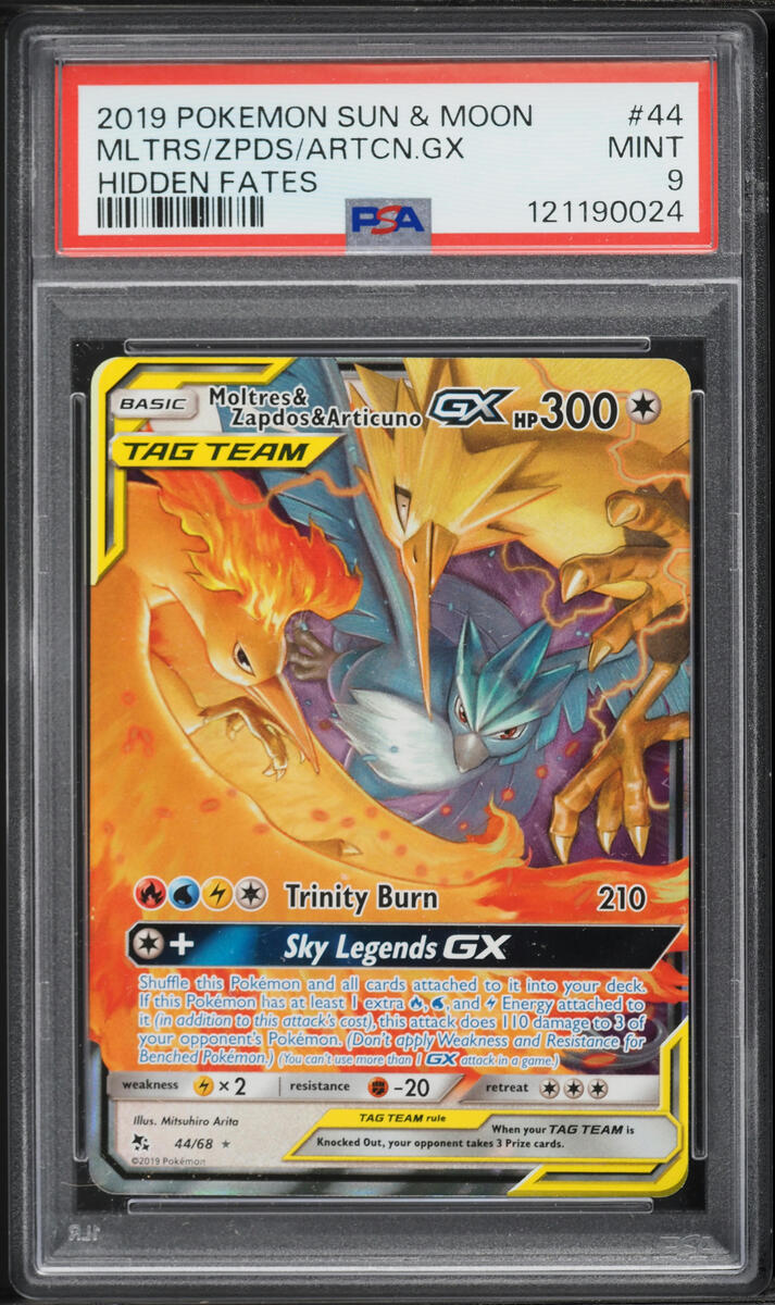 2019 Pokemon Sun & Moon Hidden Fates Holo Moltres & Zapdos & Articuno GX #44 PSA 9 MINT