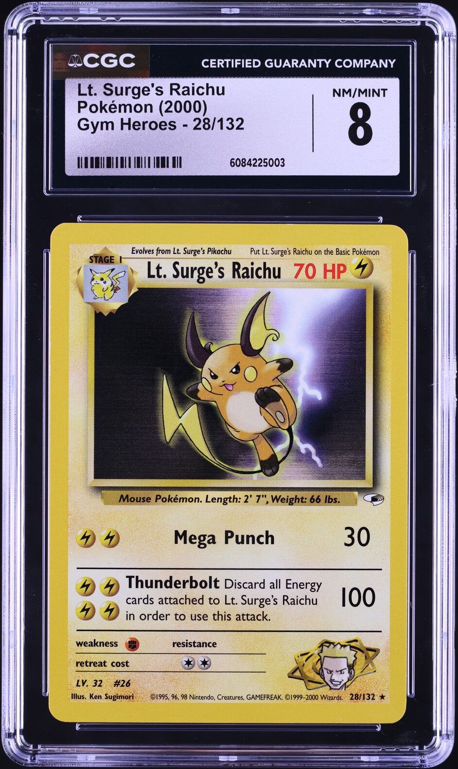 2000 Pokemon Gym Heroes Lt. Surge's Raichu #28 CGC 8 NM-MT