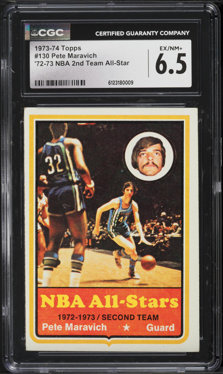 1973 Topps Basketball Pete Maravich '72 NBA 2ND TEAM ALL STAR #130 CGC 6.5 EXMT+