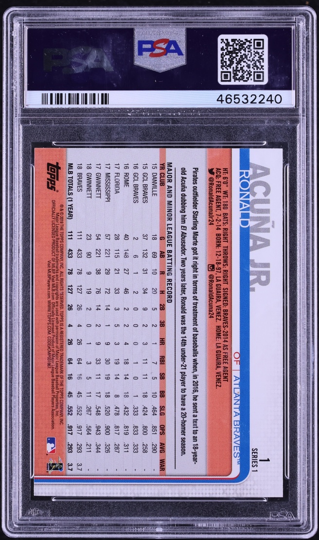 2019 Topps Hand Sign Ronald Acuna Jr. SP #1 PSA 10 GEM MINT
