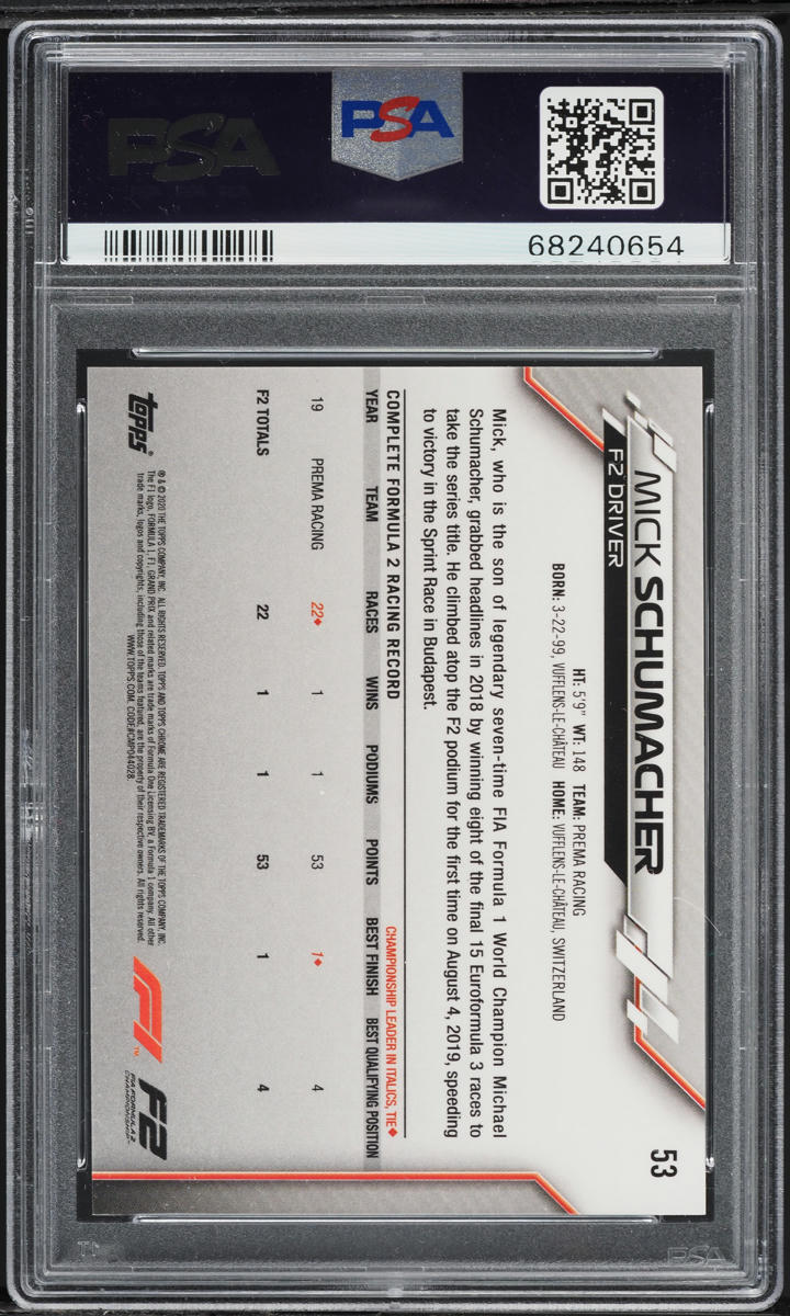 2020 Topps Chrome Formula 1 F1 Mick Schumacher ROOKIE #53 PSA 10 GEM MINT