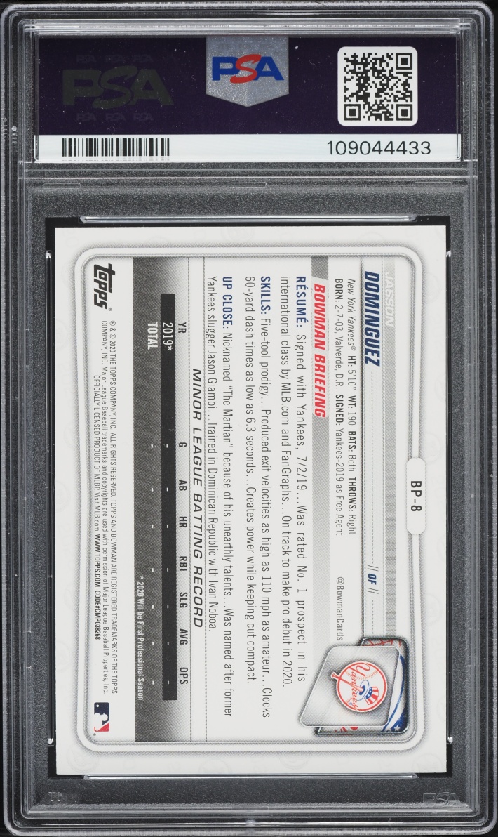 2020 Bowman Paper Jasson Dominguez PROSPECT #BP-8 PSA 10 GEM MINT