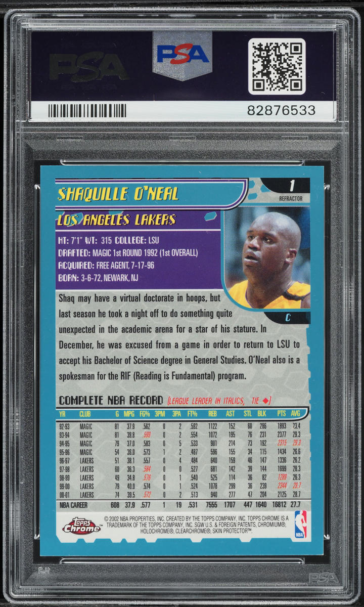 2001 Topps Chrome Refractor Shaquille O'Neal #1 PSA 9 MINT