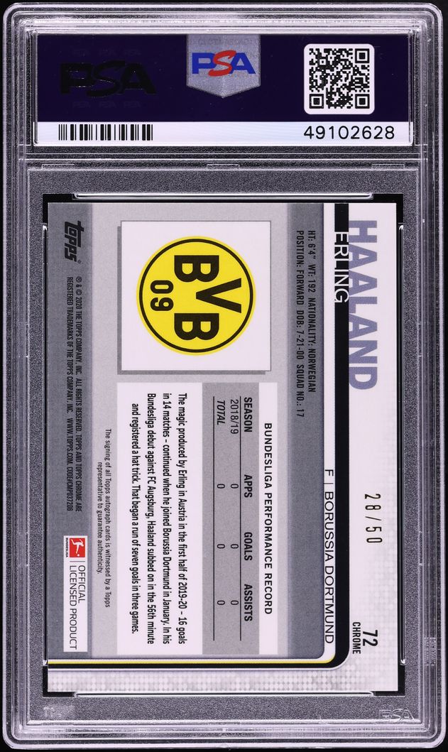 2019 Topps Chrome Bundesliga Gold Refractor Erling Haaland ROOKIE AUTO /50 #72 PSA 10 GEM MINT